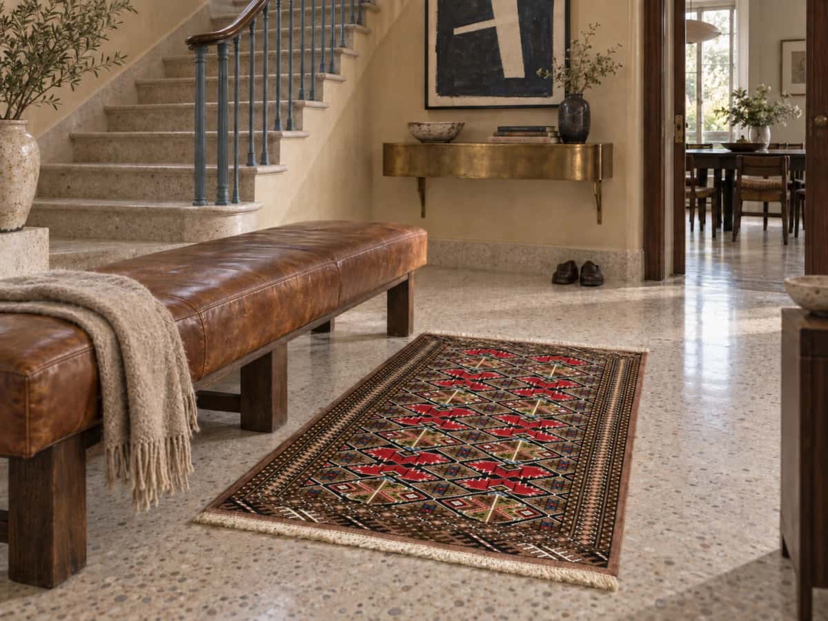 Persian Turkoman rug, oriental, 103x140 cm, mainly brown — In a room