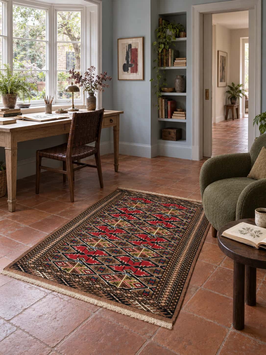 Persian Turkoman rug, oriental, 103x140 cm, mainly brown — In a room