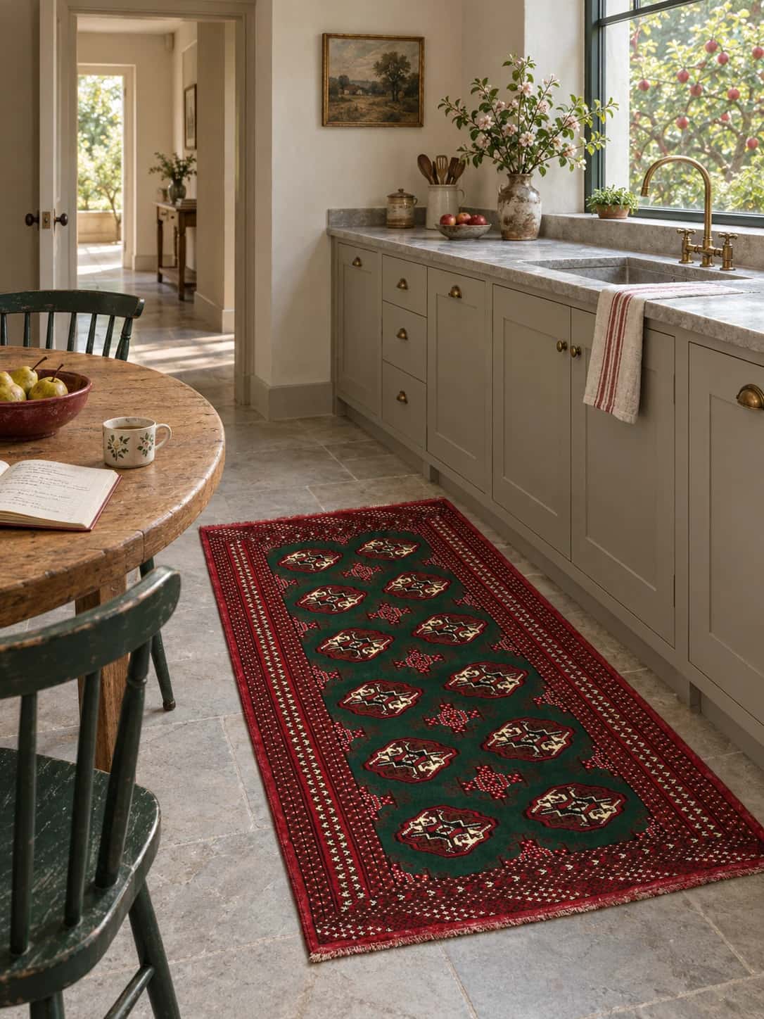 Persian Turkoman rug, oriental, 97x145 cm, mainly green — In a room