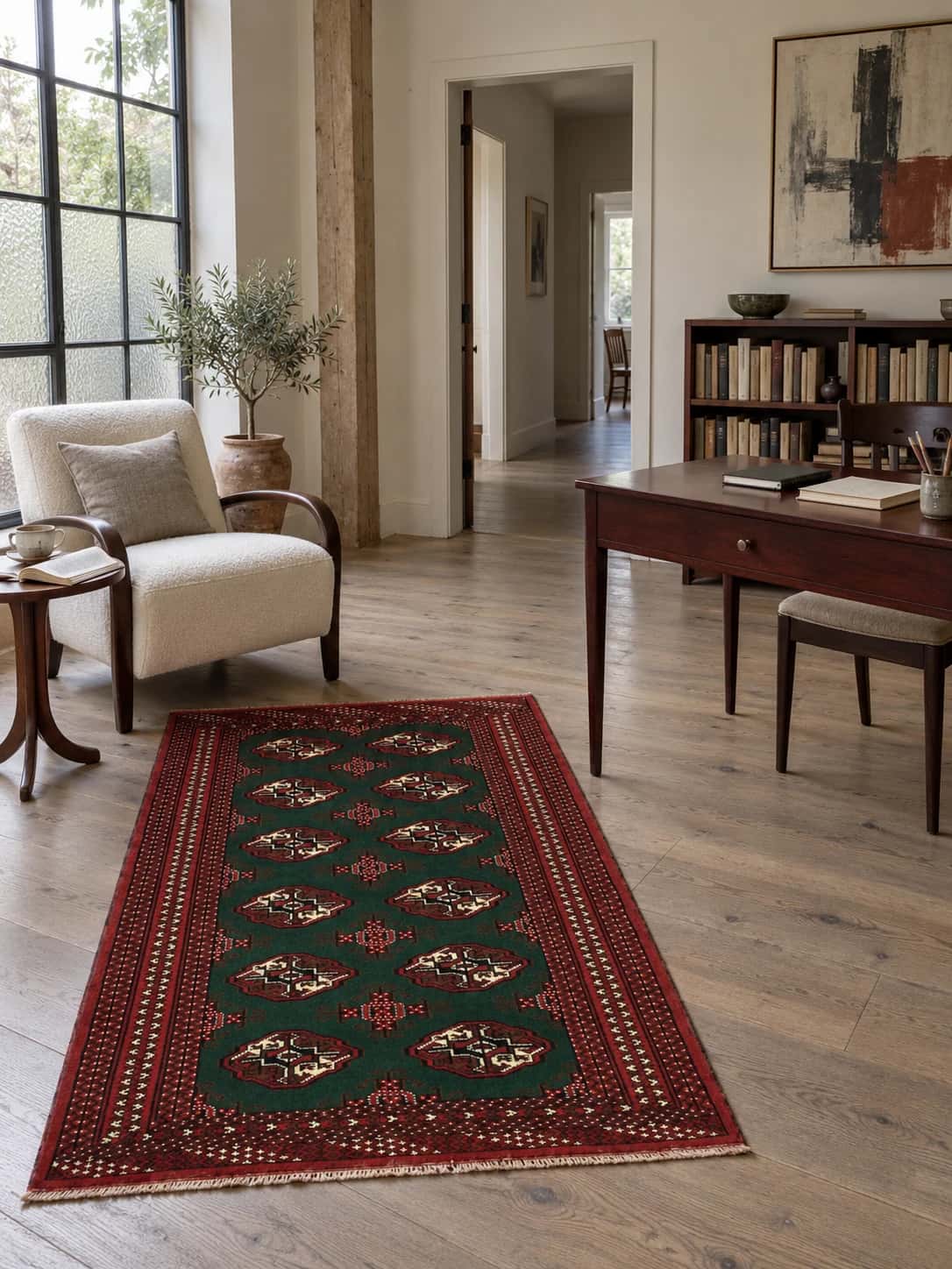 Persian Turkoman rug, oriental, 97x145 cm, mainly green — In a room