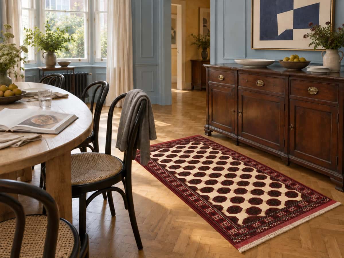 Persian Turkoman rug, oriental, 105x165 cm, mainly beige and brown — In a room