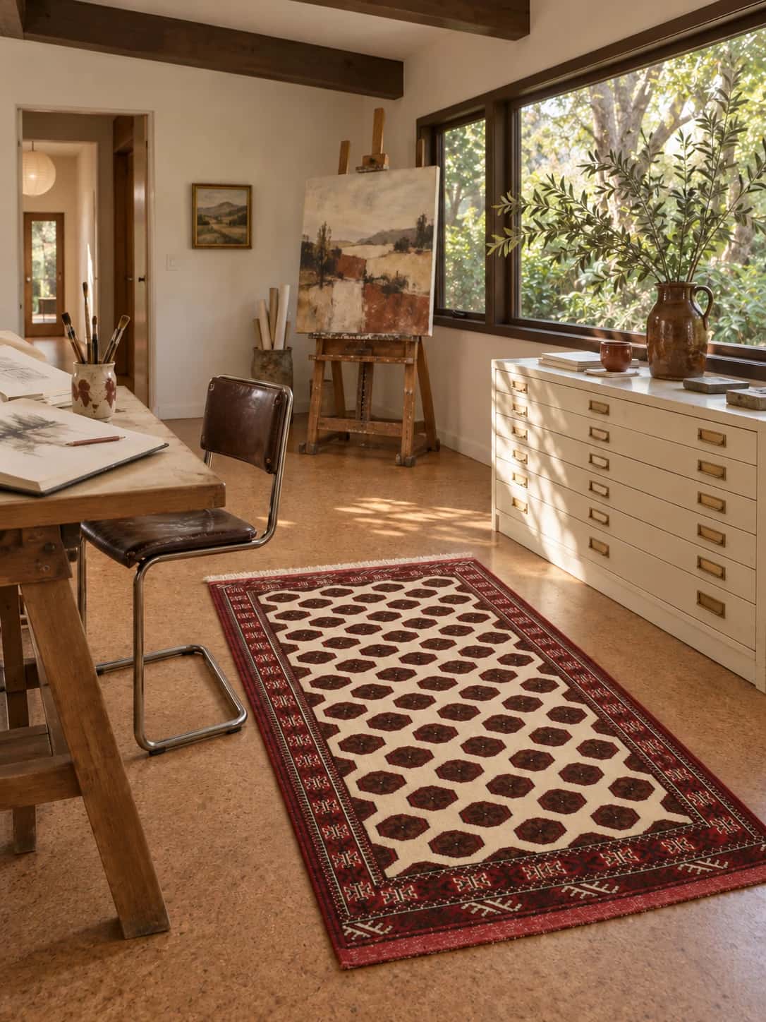 Perzisch tapijt Turkmen, oosters, 105x165 cm, overwegend beige en bruin — In een kamer