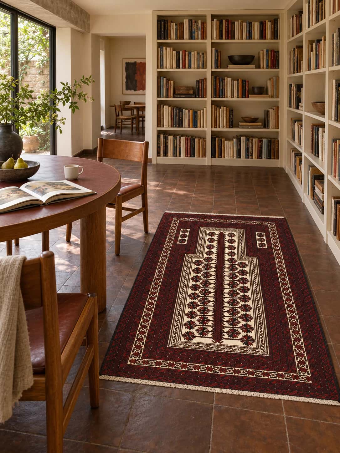 Persian Turkoman rug, oriental, 106x158 cm, mainly red and black — In a room