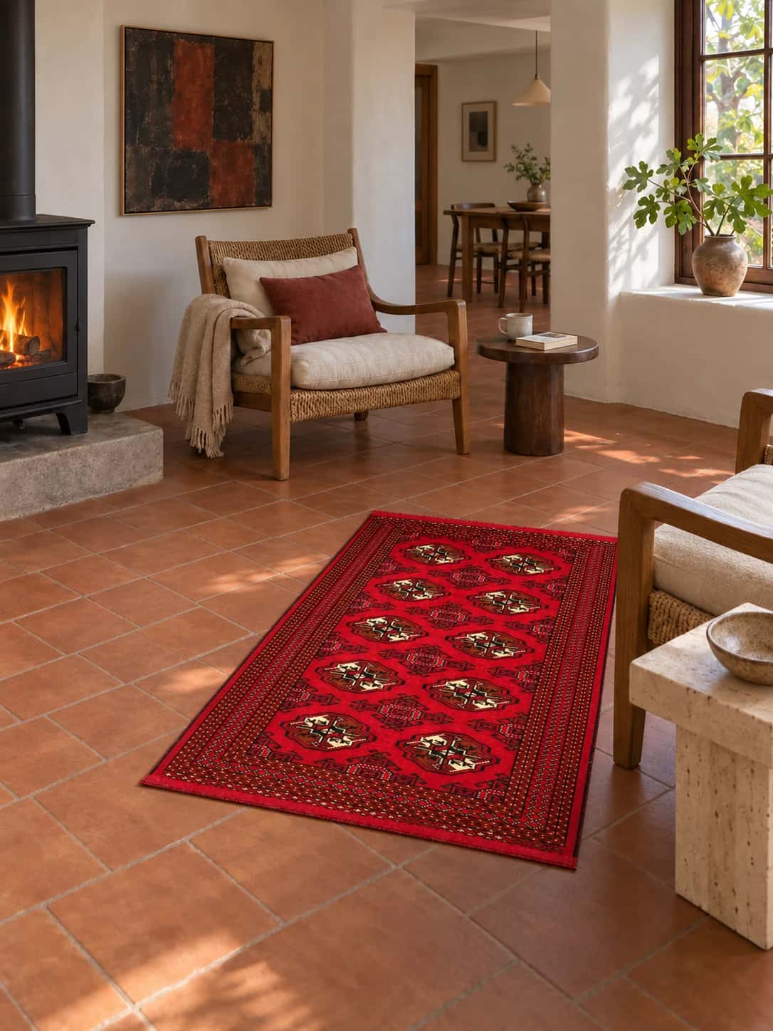Persian Turkoman rug, oriental, 98x147 cm, mainly red — In a room