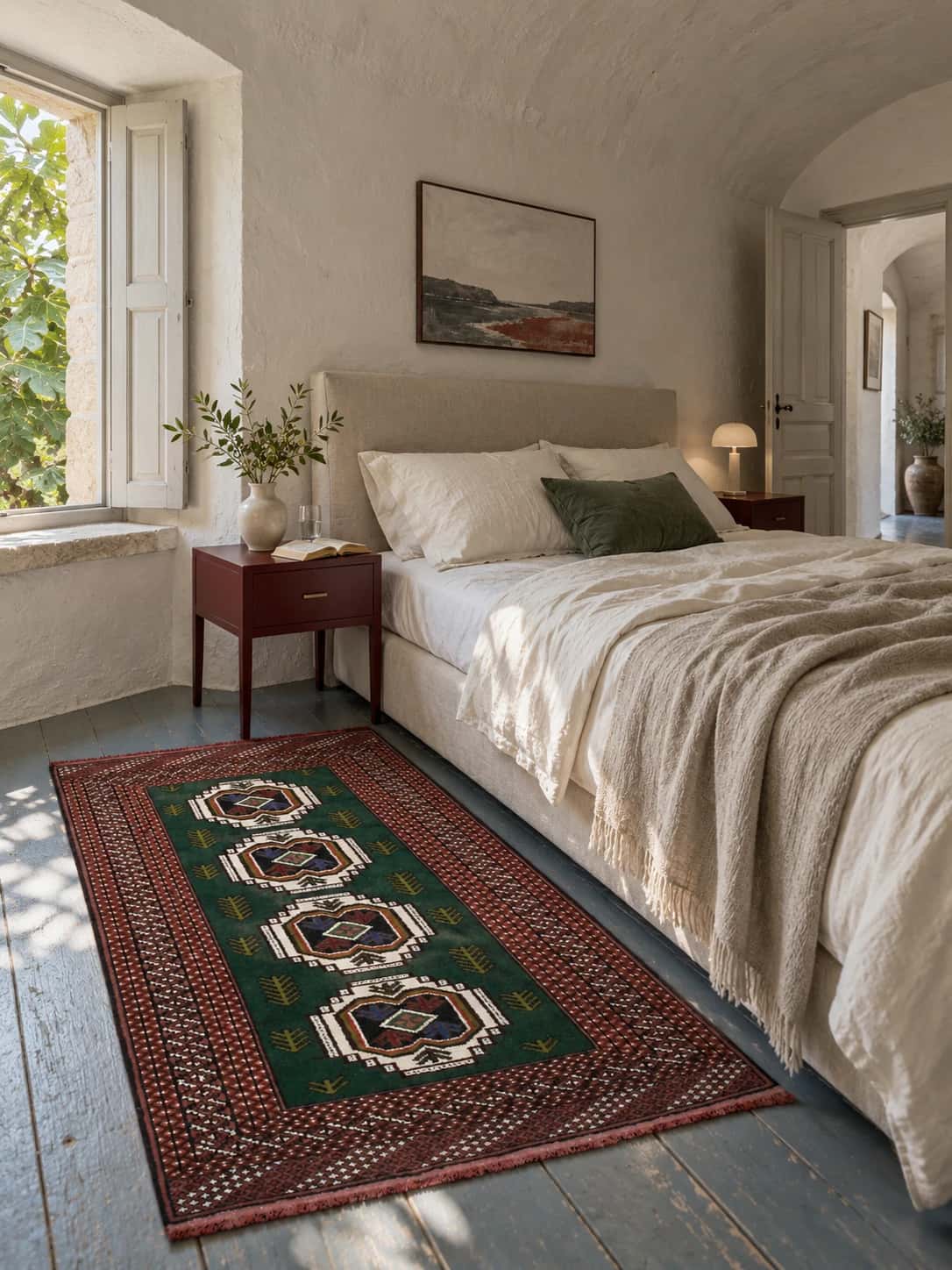 Persian Turkoman rug, oriental, 100x145 cm, mainly green — In a room