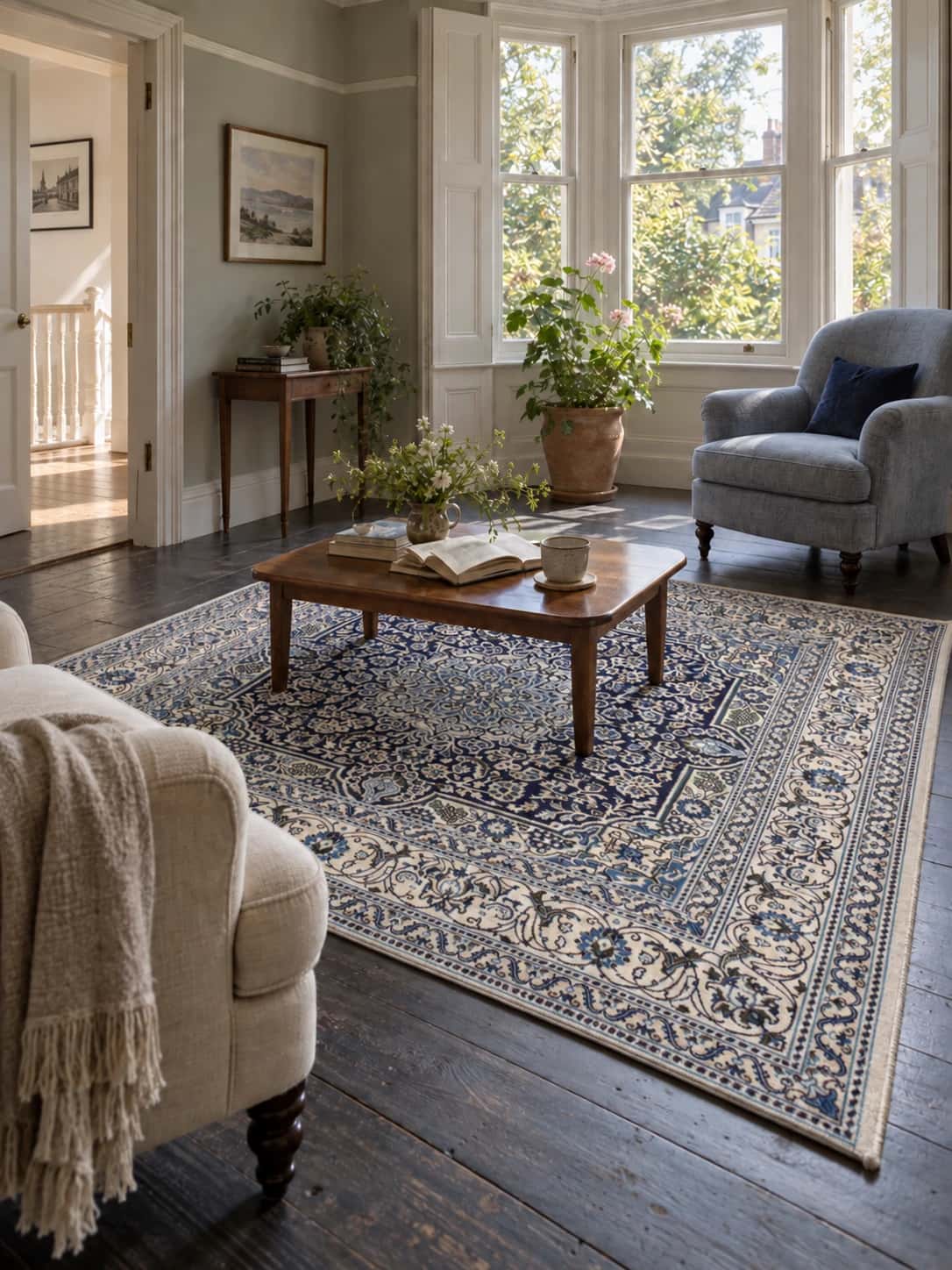Persian Nain rug, oriental, 195x202 cm, mainly blue and cream — In a room