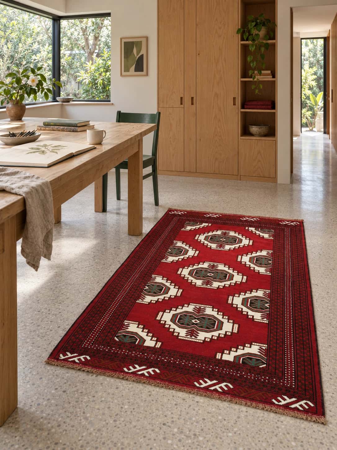 Persian Turkoman rug, oriental, 105x147 cm, mainly red — In a room