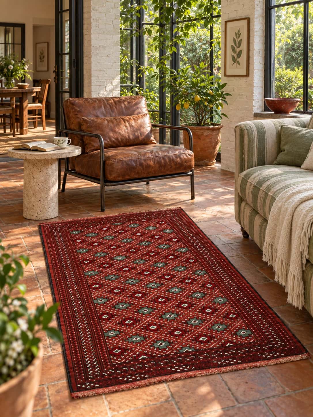 Persian Turkoman rug, oriental, 102x150 cm, mainly brown and red — In a room