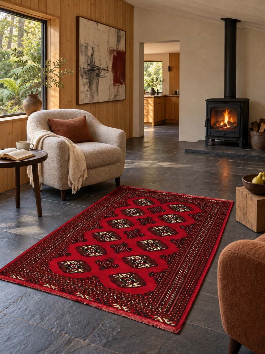 Persian Turkoman rug, oriental, 104x150 cm, mainly red — In a room