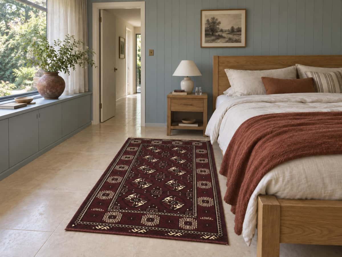 Alfombra persa turcomana, geométrica, 100x146 cm, principalmente en marrón — En una habitación