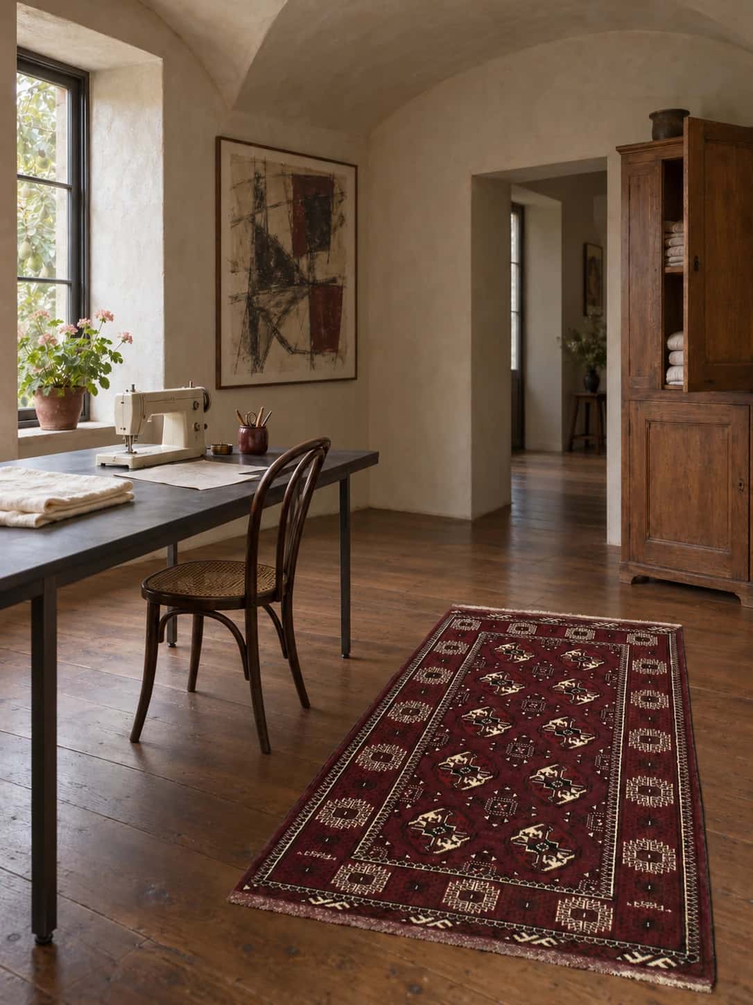 Alfombra persa turcomana, geométrica, 100x146 cm, principalmente en marrón — En una habitación