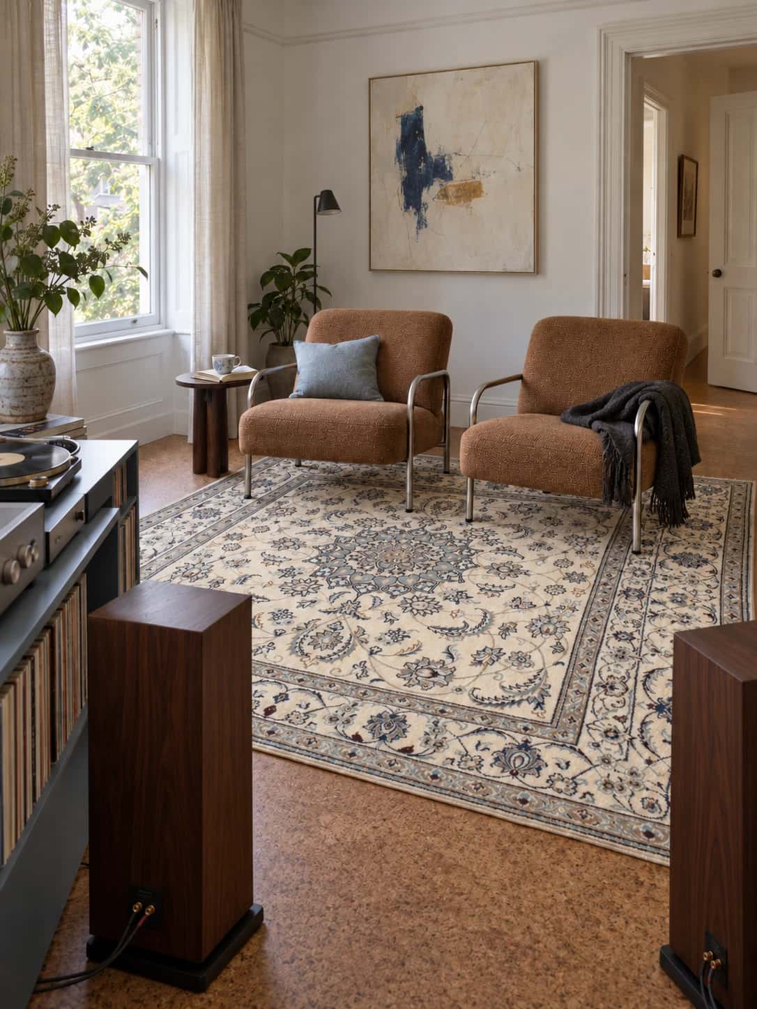 Persian Nain rug, floral, 200x205 cm, mainly cream and blue — In a room