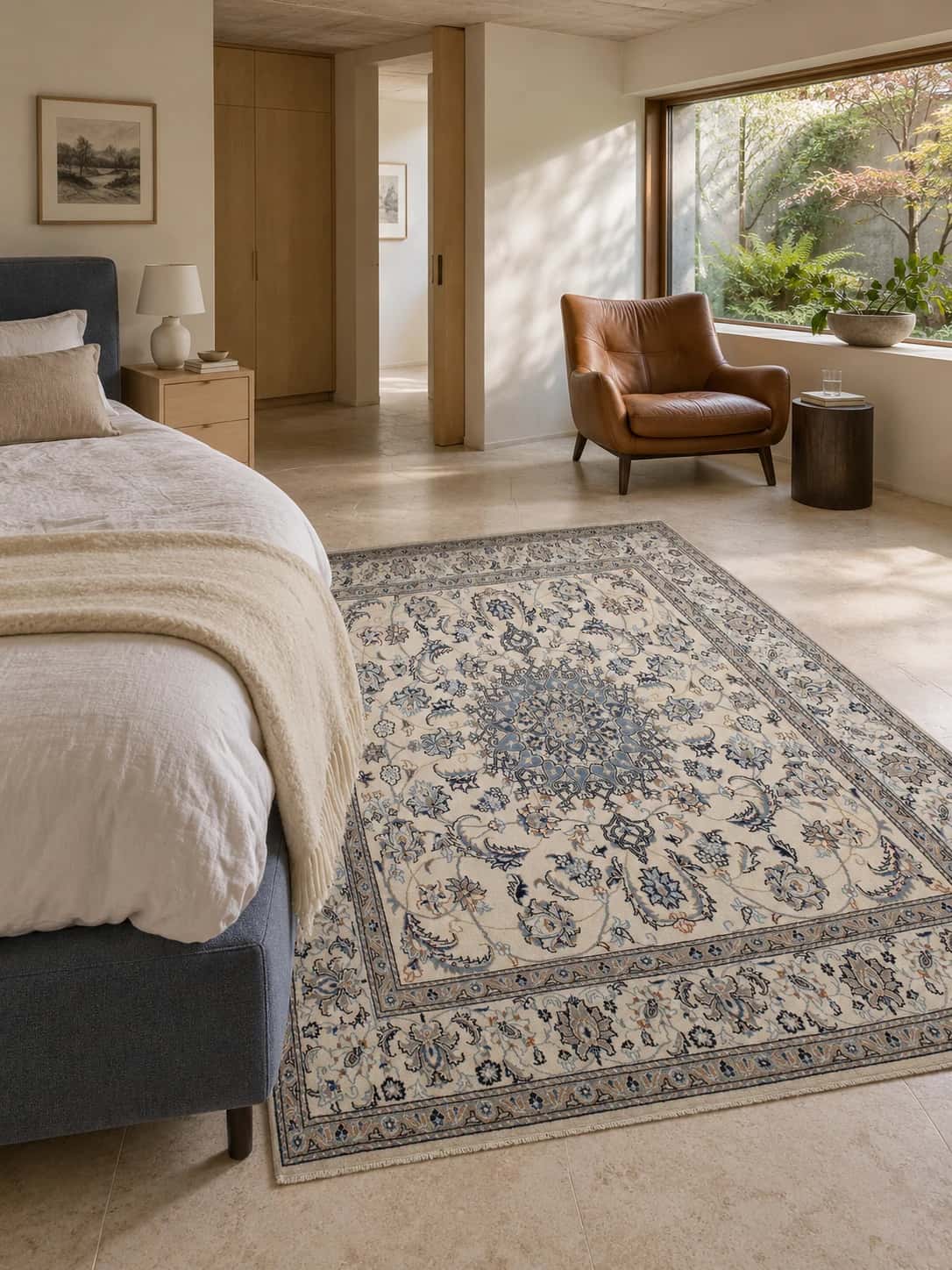 Alfombra persa Nain, floral, 194x212 cm, principalmente en azul y blanco — En una habitación