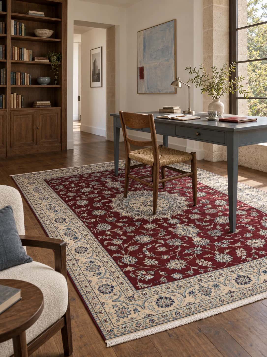 Persian rug, floral, 196x293 cm, mainly red and cream — In a room