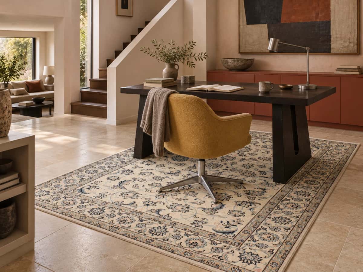 Persian Nain rug, floral, 160x235 cm, mainly blue and cream — In a room