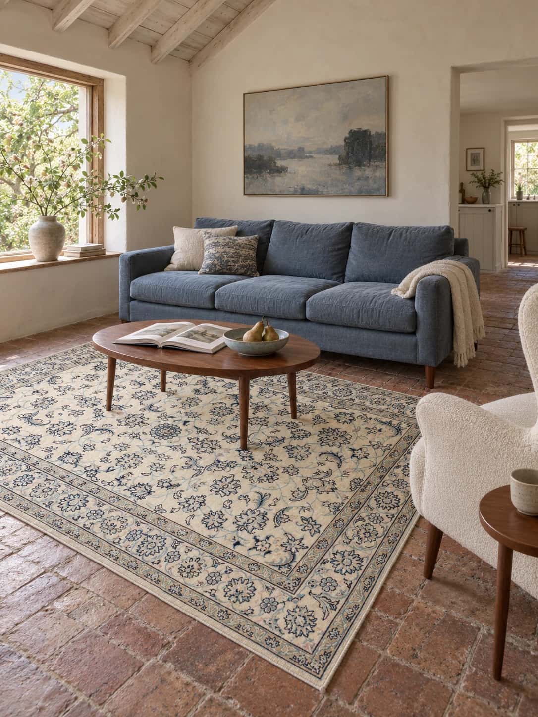 Persian Nain rug, floral, 160x235 cm, mainly blue and cream — In a room
