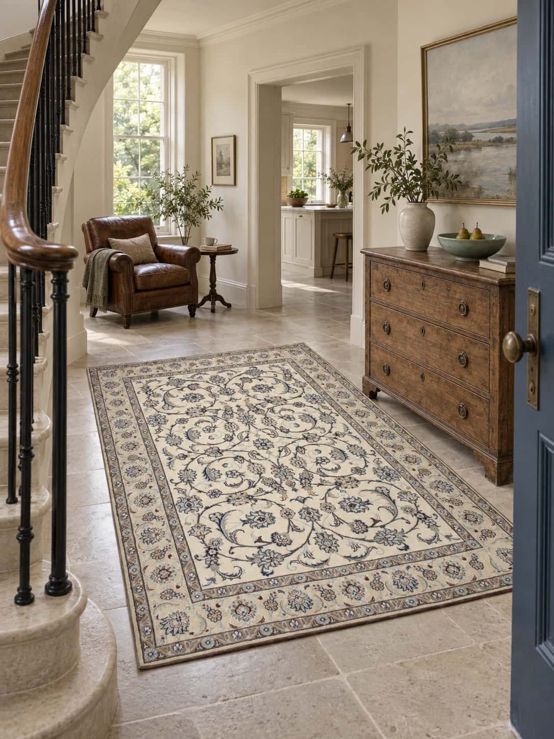 Persian Nain rug, floral, 162x240 cm, mainly blue and cream — In a room