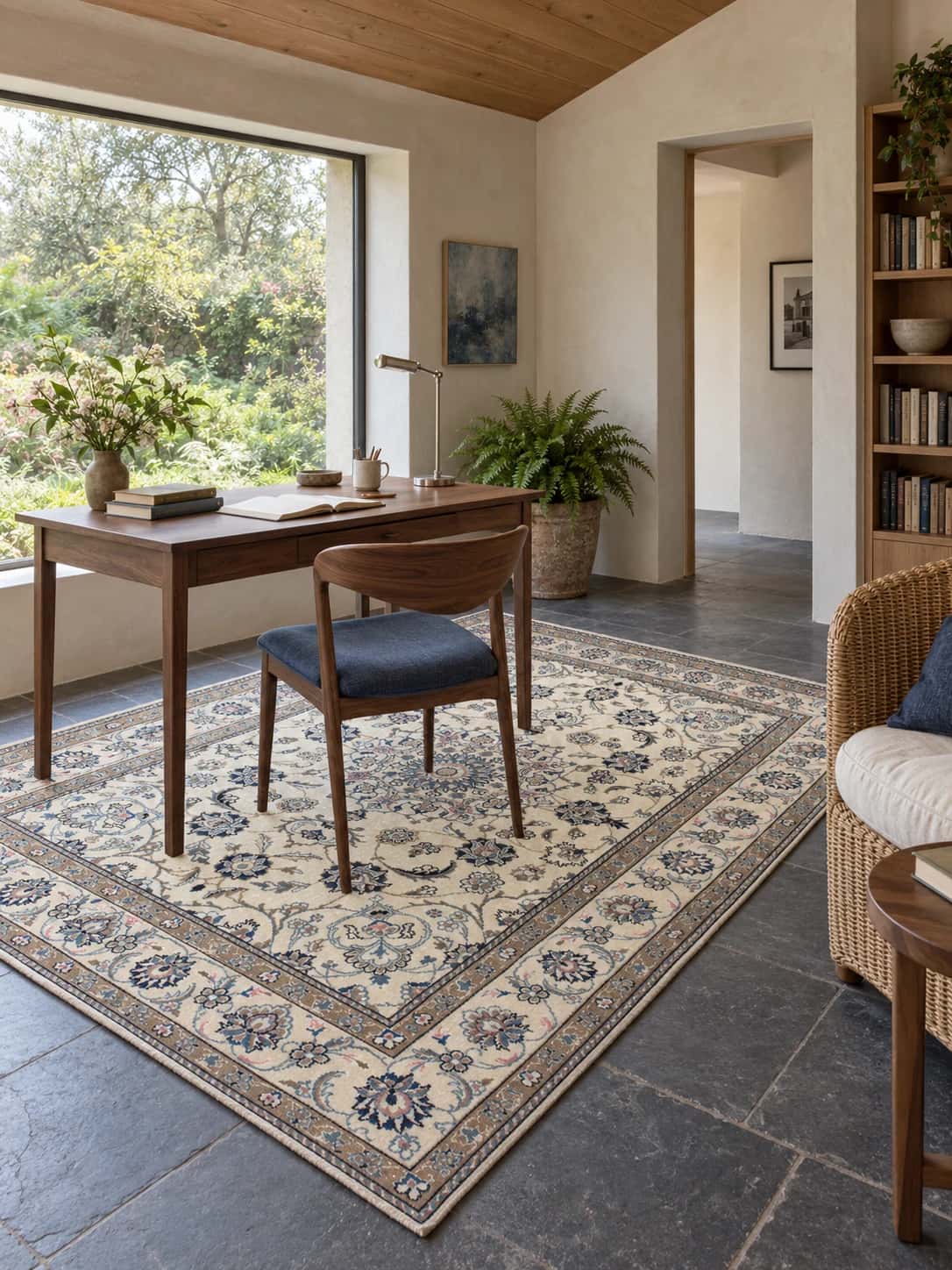 Persian Nain rug, floral, 167x227 cm, mainly blue and cream — In a room