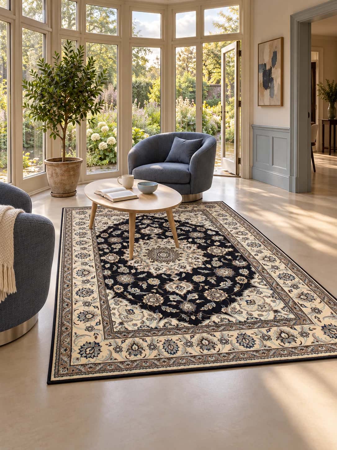 Persian Nain rug, floral, 168x229 cm, mainly blue and cream — In a room