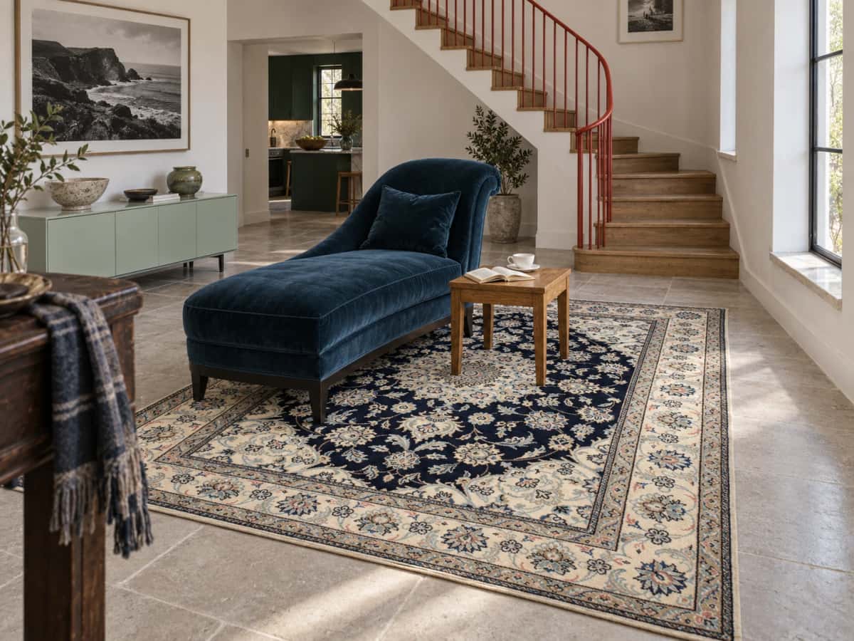 Persian Nain rug, floral, 170x227 cm, mainly blue and cream — In a room