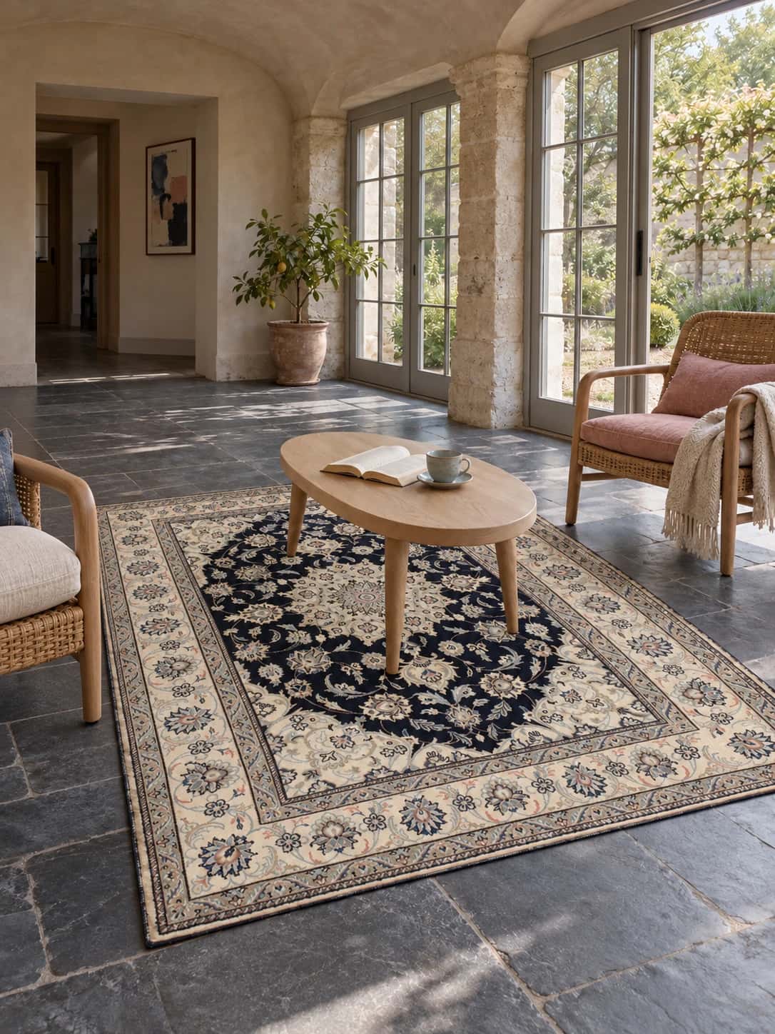 Persian Nain rug, floral, 170x227 cm, mainly blue and cream — In a room