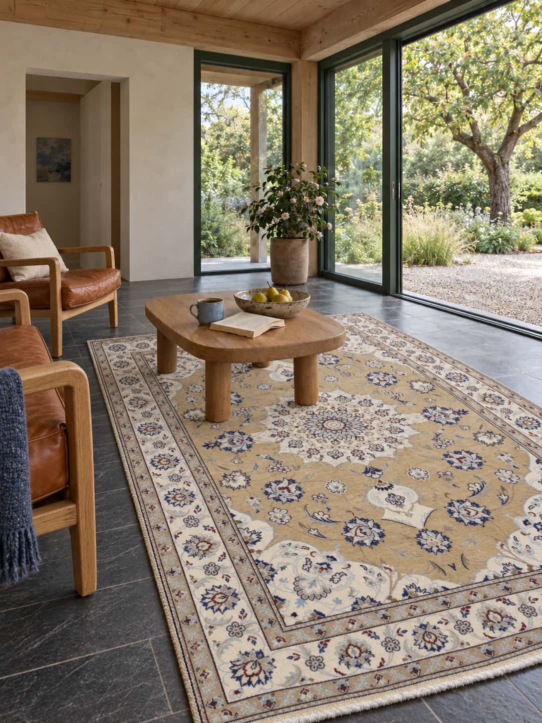 Persian Nain rug, floral, 167x240 cm, mainly brown and blue — In a room