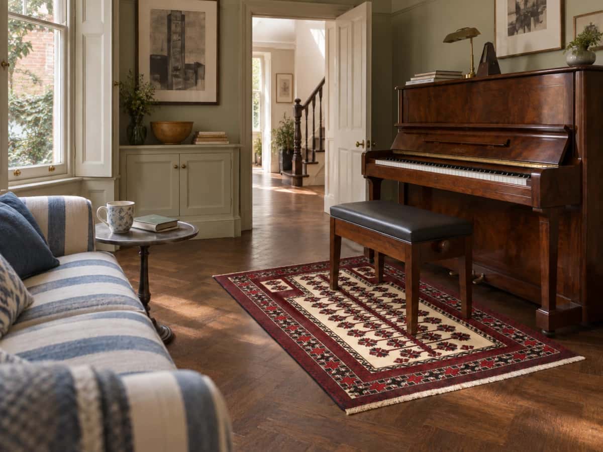 Persian Turkoman rug, oriental, 101x145 cm, mainly beige and red — In a room