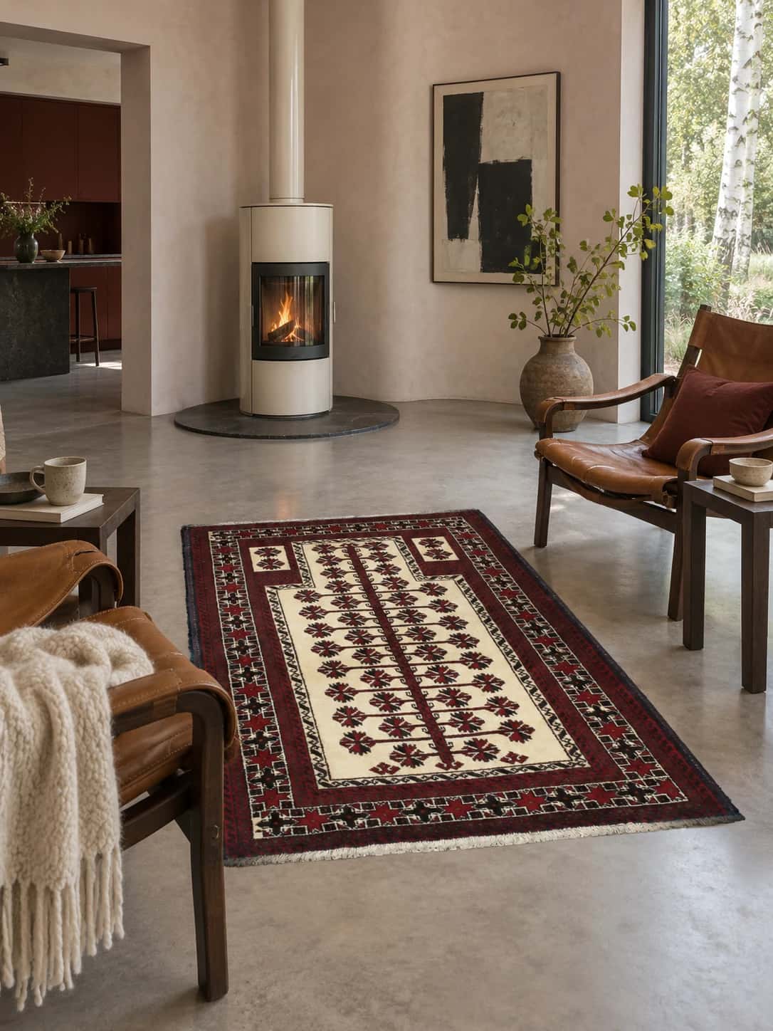 Perserteppich Turkmene, orientalisch, 101x145 cm, überwiegend in Beige und Rot — Im Raum