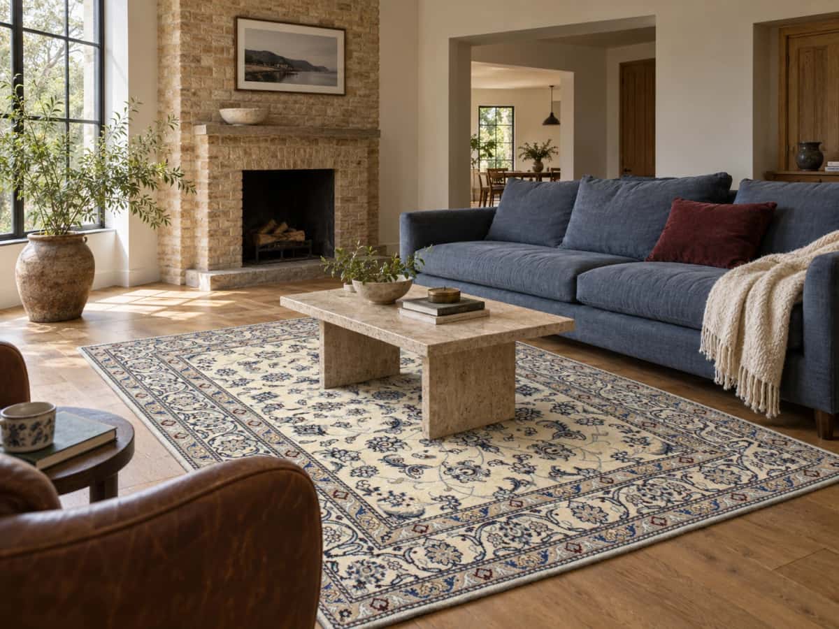 Persian Nain rug, floral, 159x230 cm, mainly blue and cream — In a room