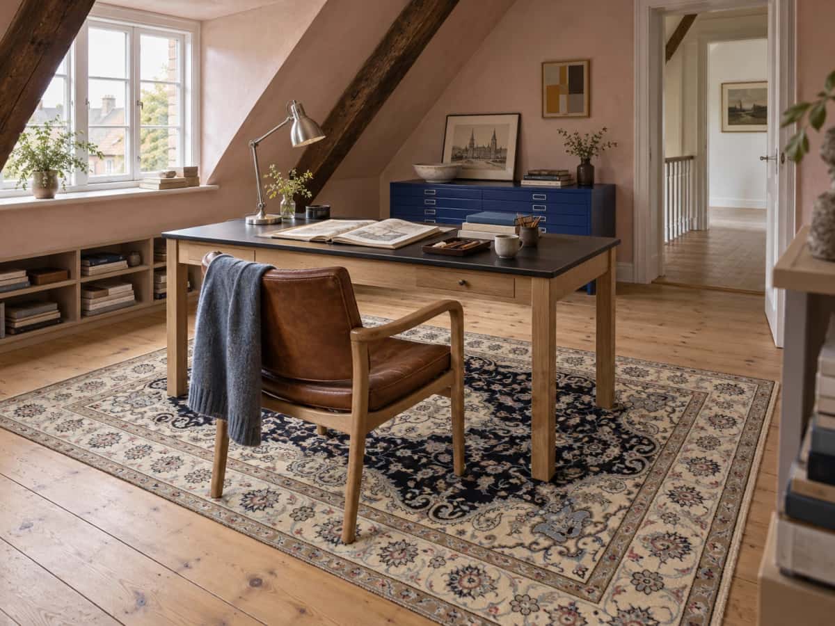 Perzisch tapijt in Nain stijl met afmetingen 226 centimeter lang bij 165 centimeter breed met overwegend blauw en wit kleuren — In een kamer