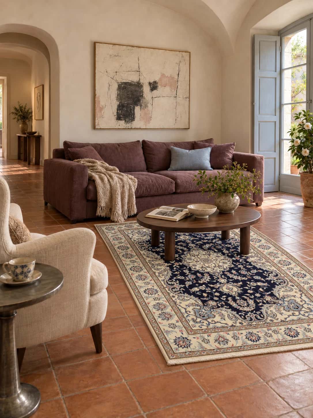 Persian Nain rug, floral, 165x226 cm, mainly blue and cream — In a room