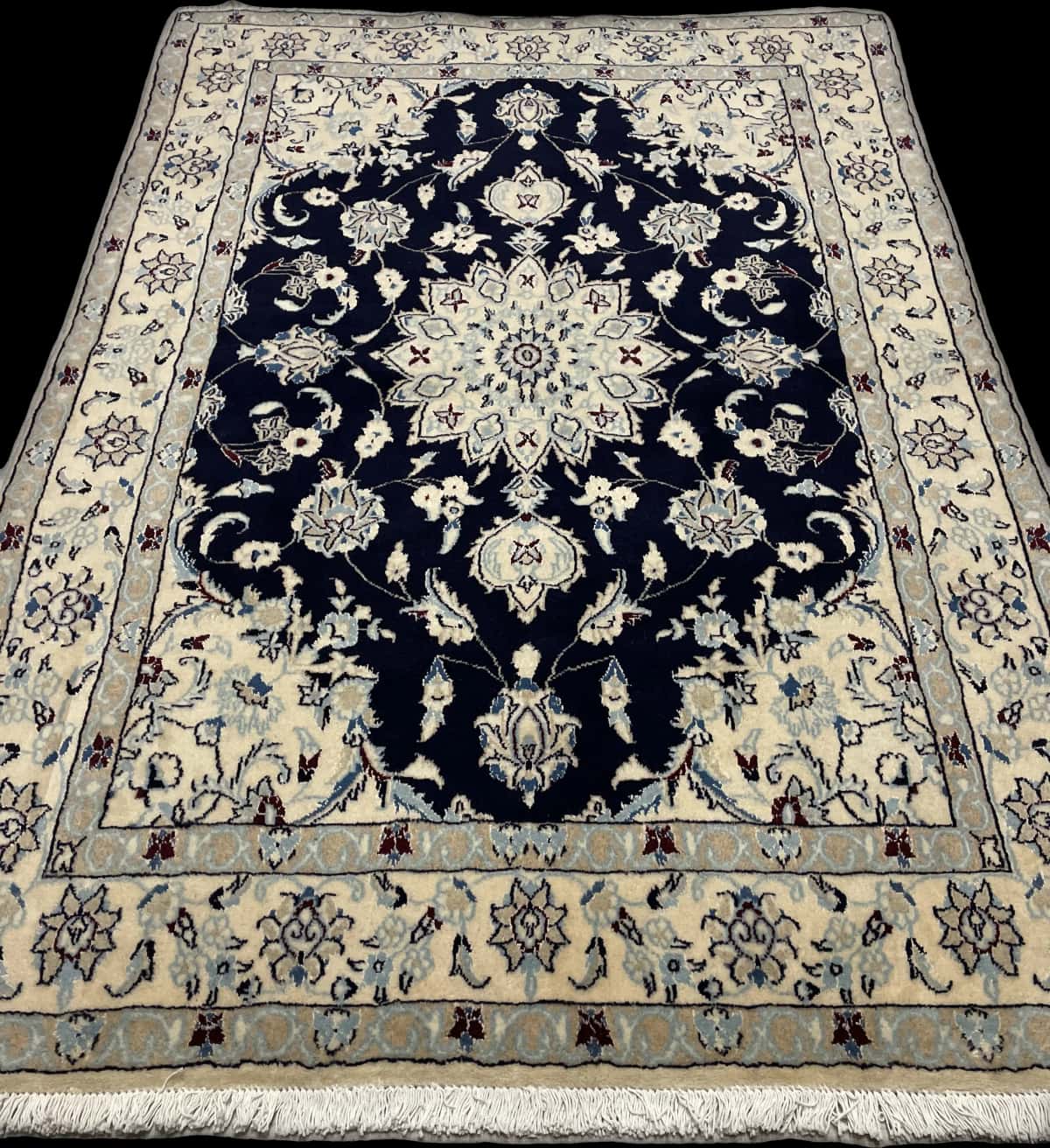 Persian rug of Nain style in dimensions 214 centimeters length by 148 centimeters width with mainly beige and blue colors — Perspective