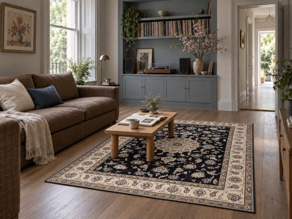 Persian Nain rug, floral, 168x232 cm, mainly blue — In a room