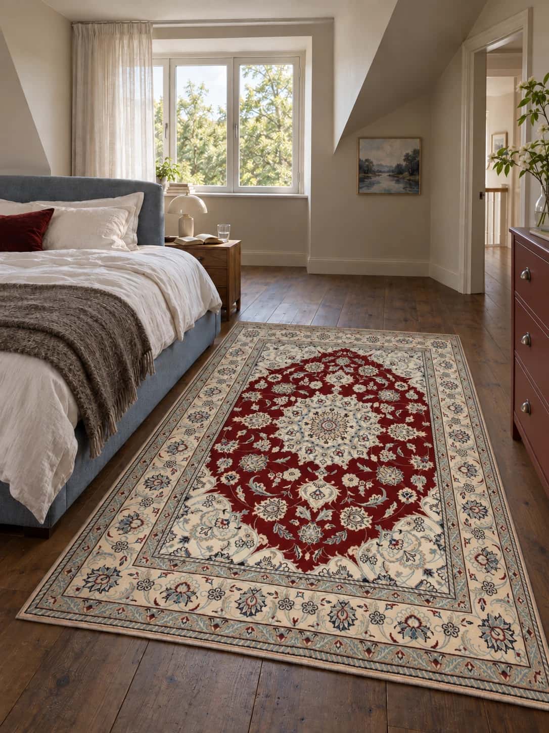 Persian Nain rug, floral, 170x240 cm, mainly red and cream — In a room