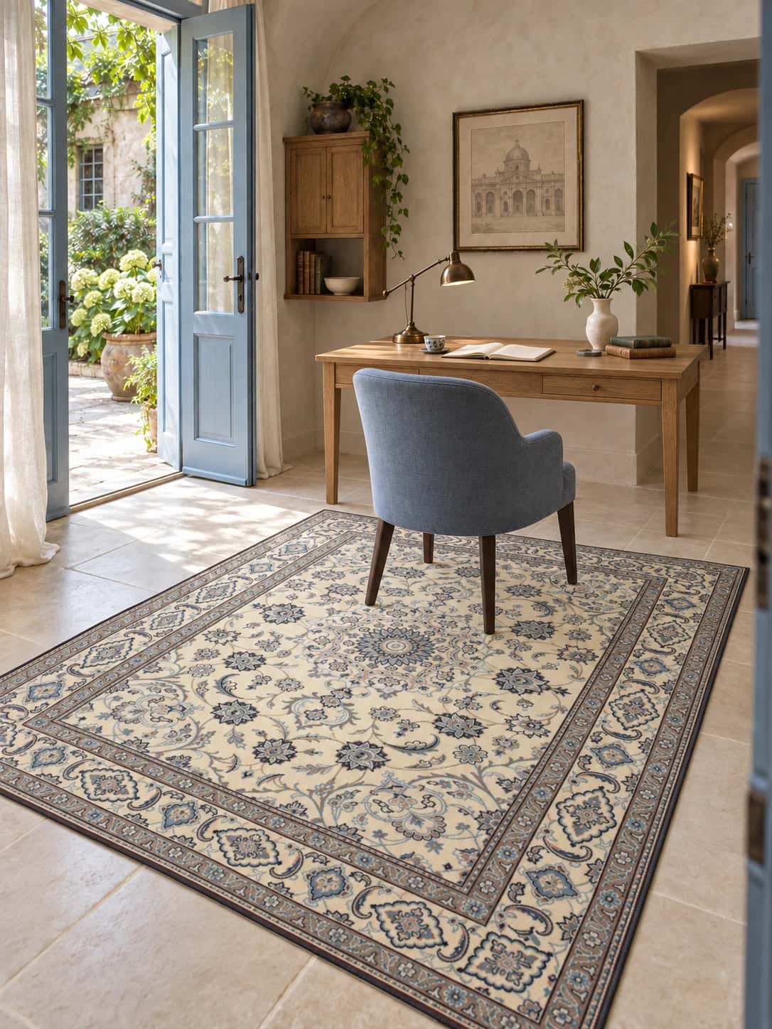 Persian Nain rug, floral, 167x237 cm, mainly blue and cream — In a room