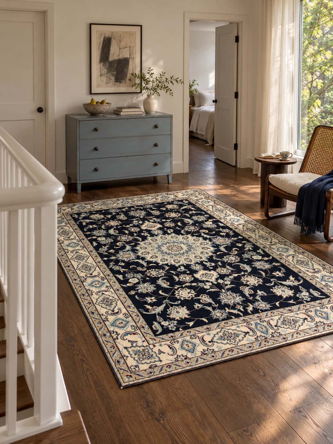 Persian Nain rug, floral, 165x234 cm, mainly blue — In a room