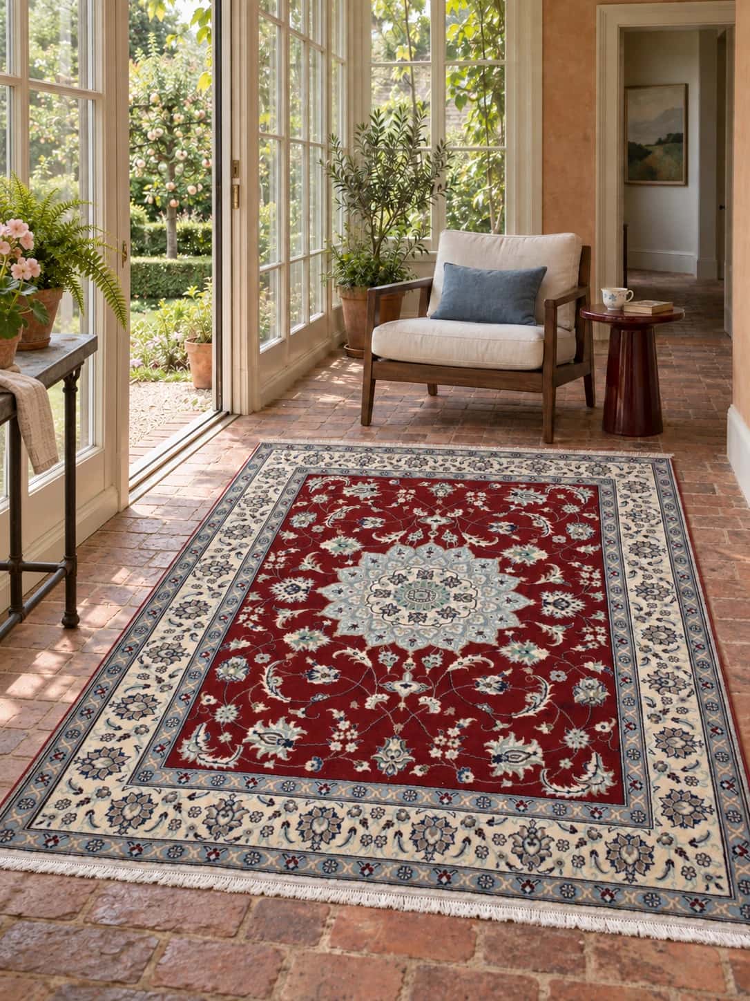 Persian Nain rug, floral, 150x208 cm, mainly red — In a room