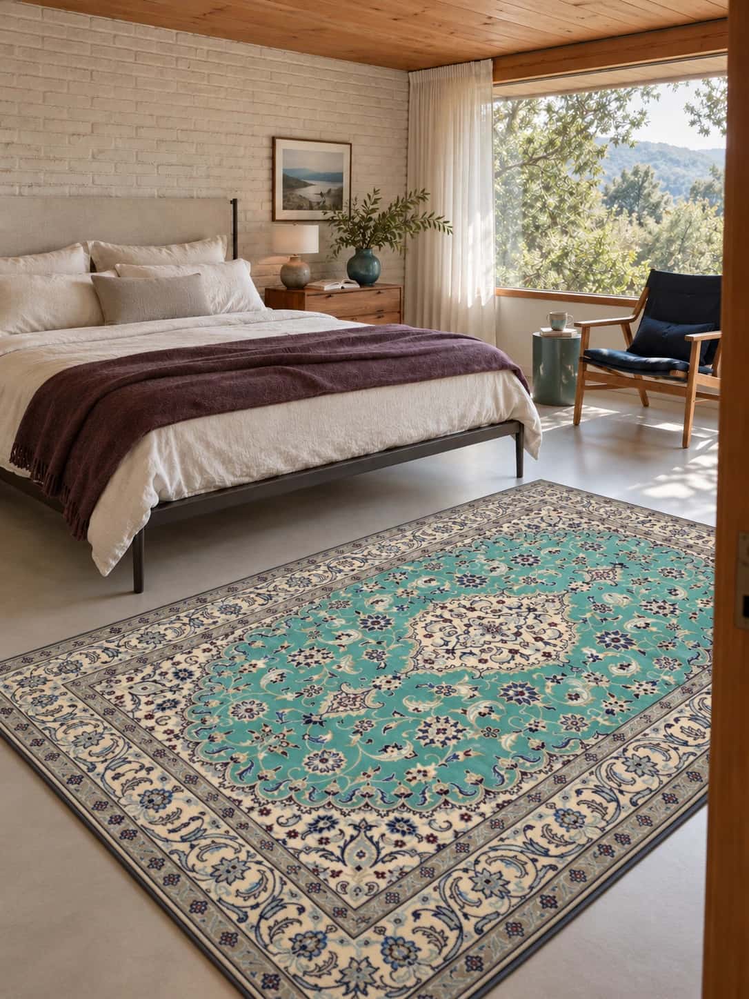 Persian Nain rug, floral, 167x257 cm, mainly teal — In a room