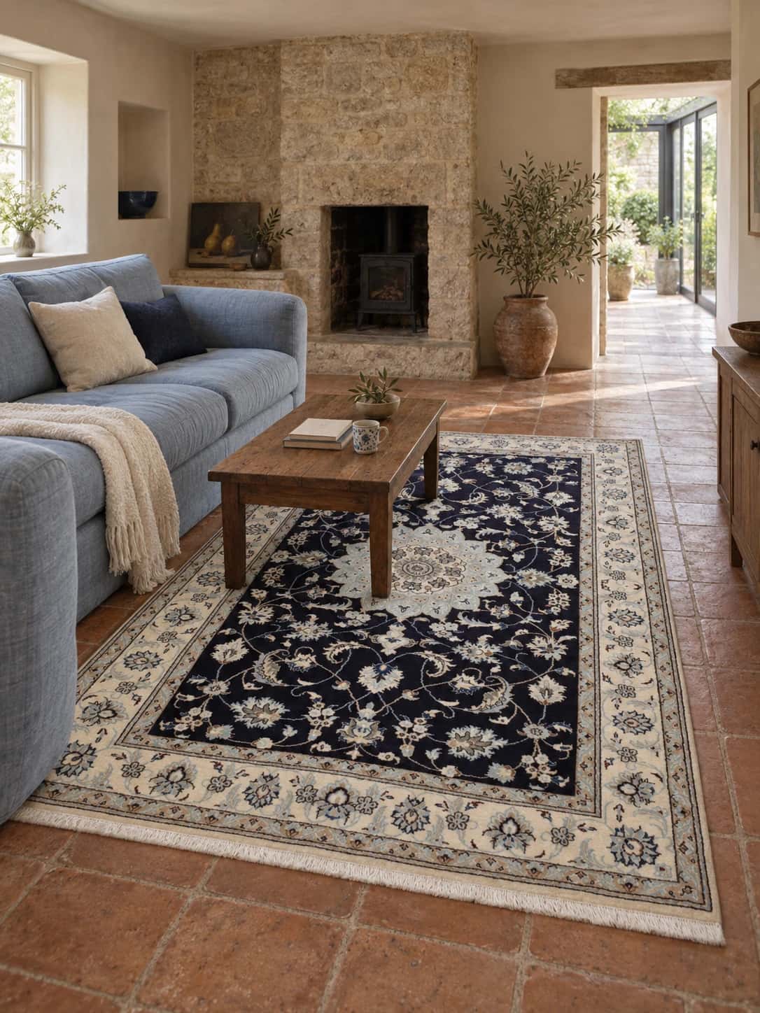 Persian Nain rug, floral, 168x257 cm, mainly blue — In a room