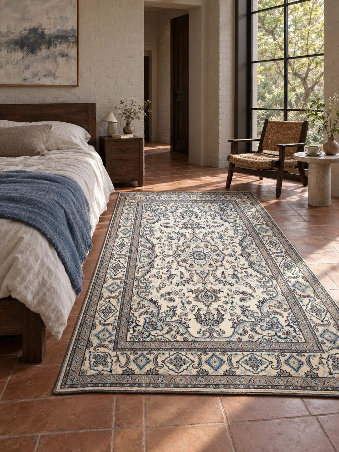 Persian Nain rug, oriental, 164x255 cm, mainly cream and blue — In a room