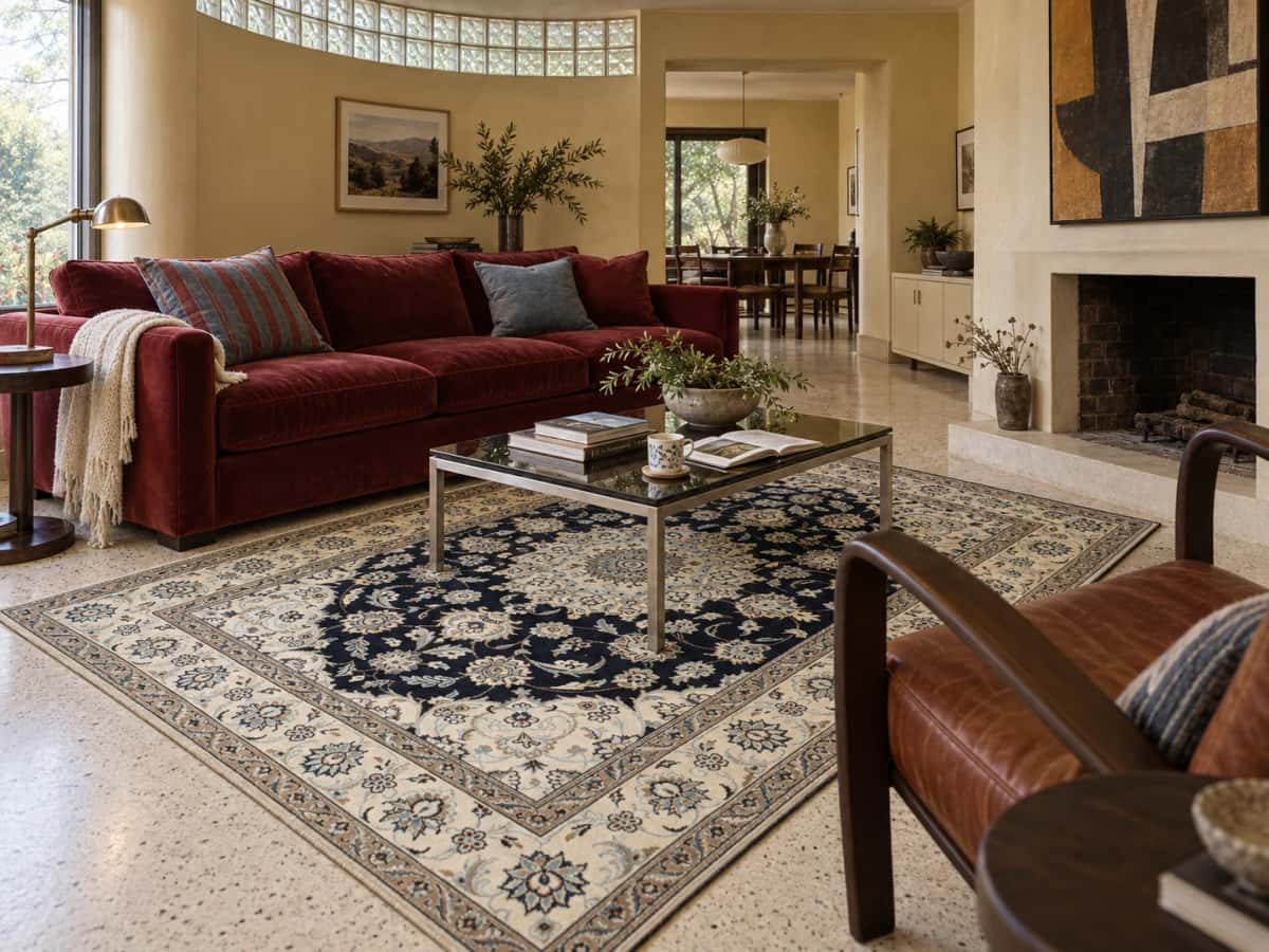 Persian Nain rug, floral, 160x240 cm, mainly blue and cream — In a room