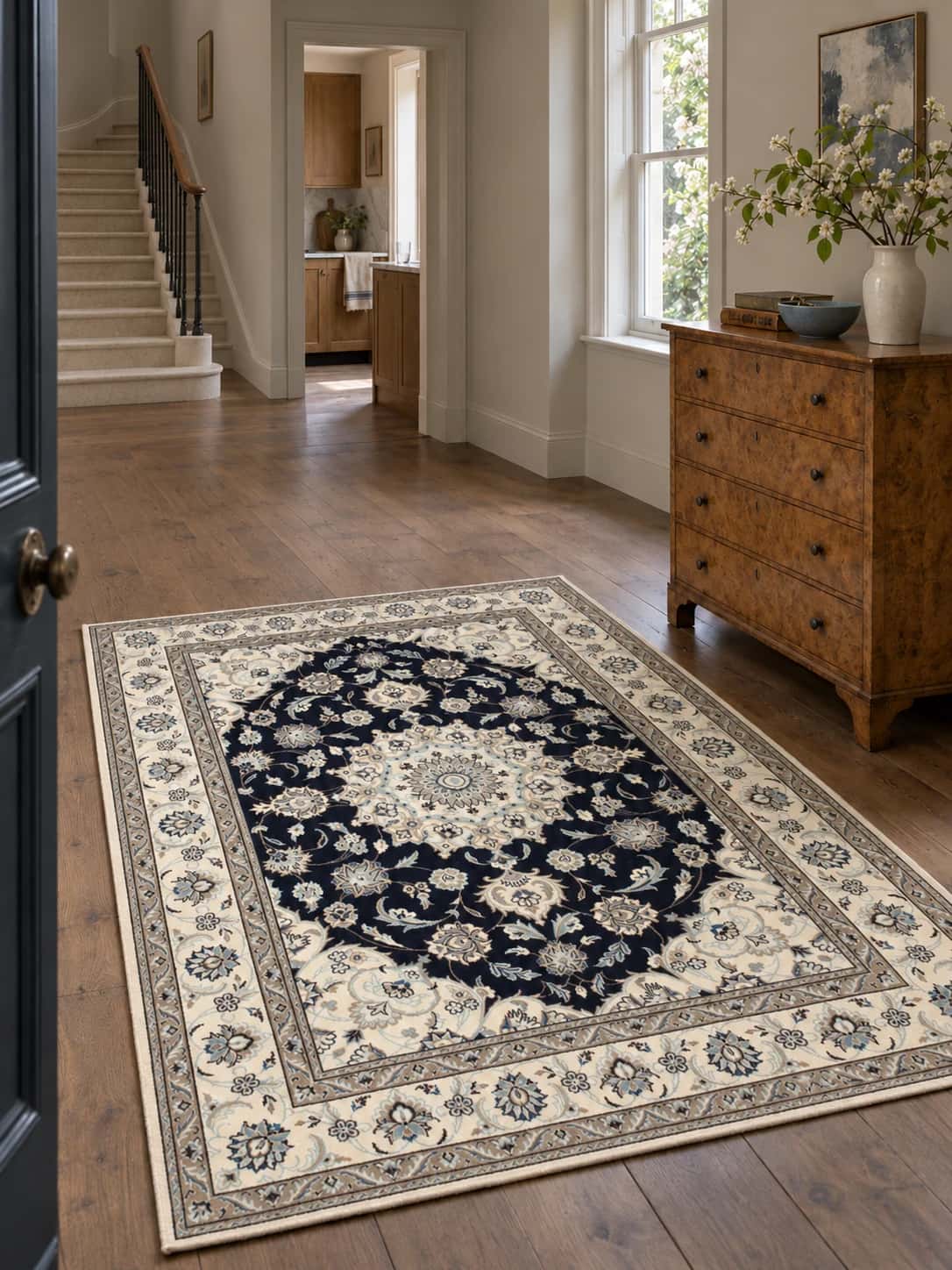Persian Nain rug, floral, 160x240 cm, mainly blue and cream — In a room