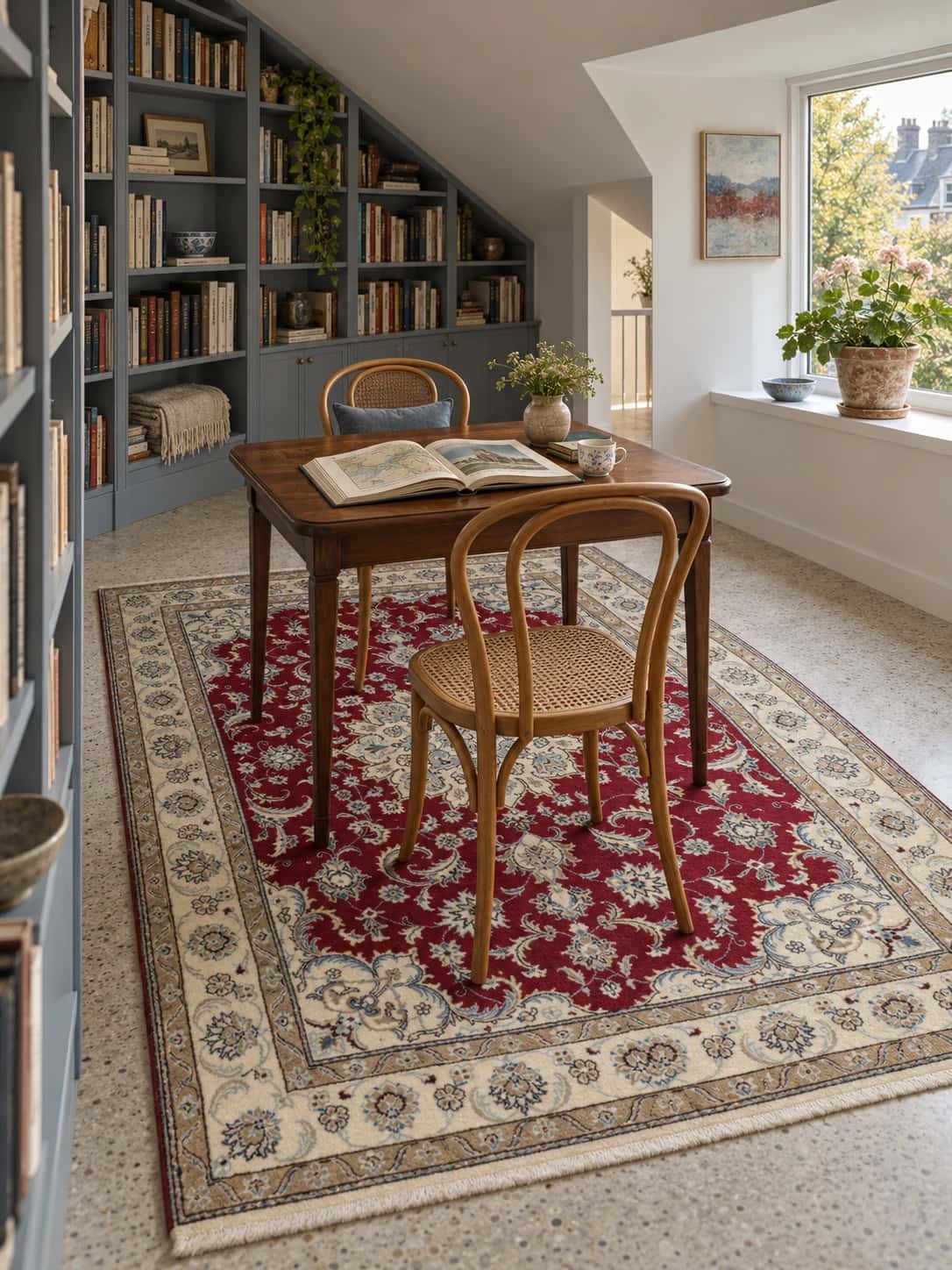 Persian Nain rug, floral, 166x247 cm, mainly red — In a room