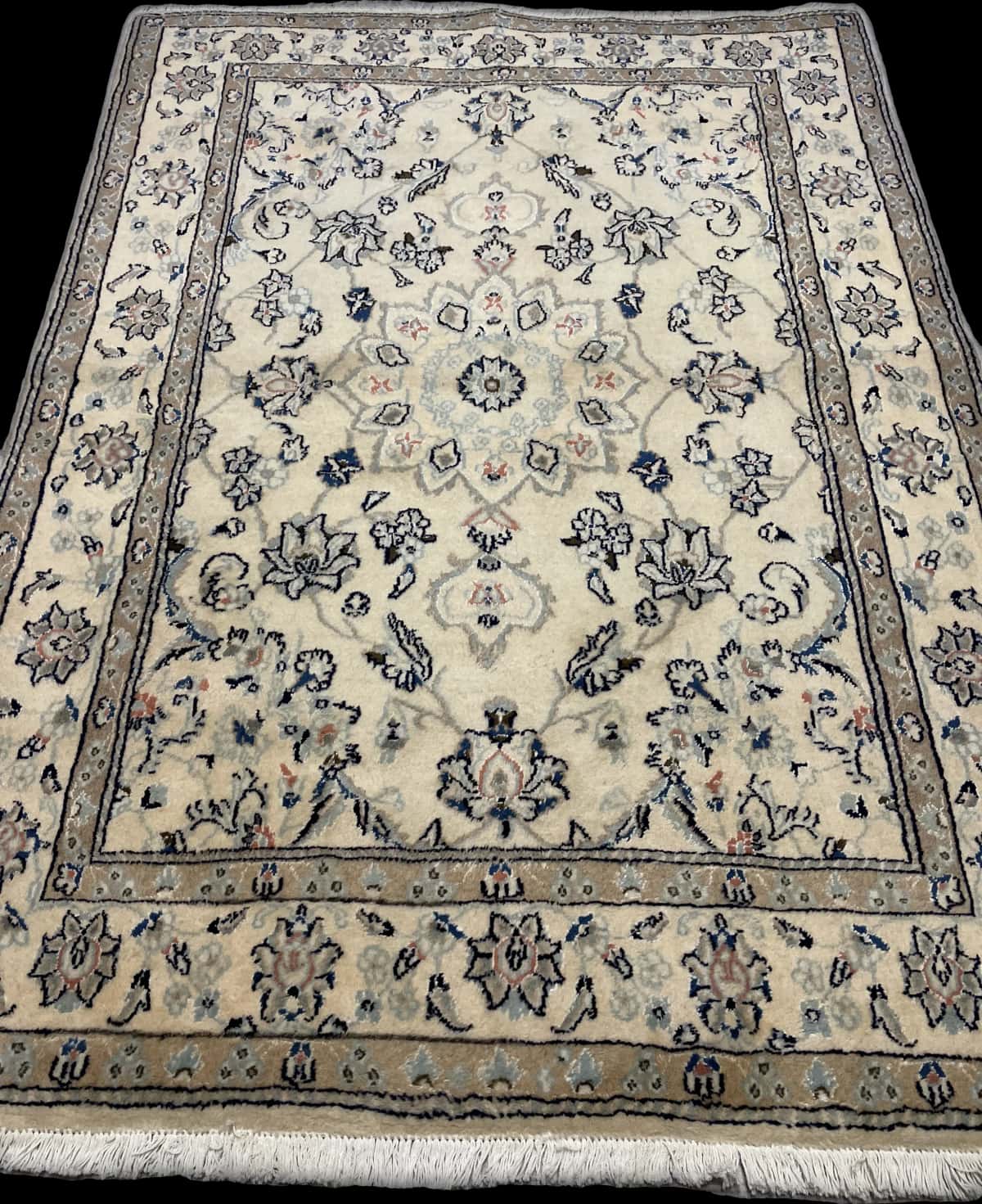 Persian rug of Nain style in dimensions 206 centimeters length by 145 centimeters width with mainly beige colors — Perspective