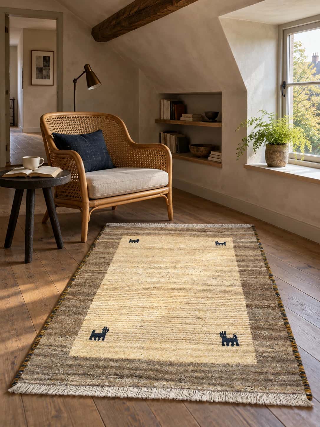Alfombra persa gabbeh, oriental, 102x140 cm, principalmente en beige — En una habitación