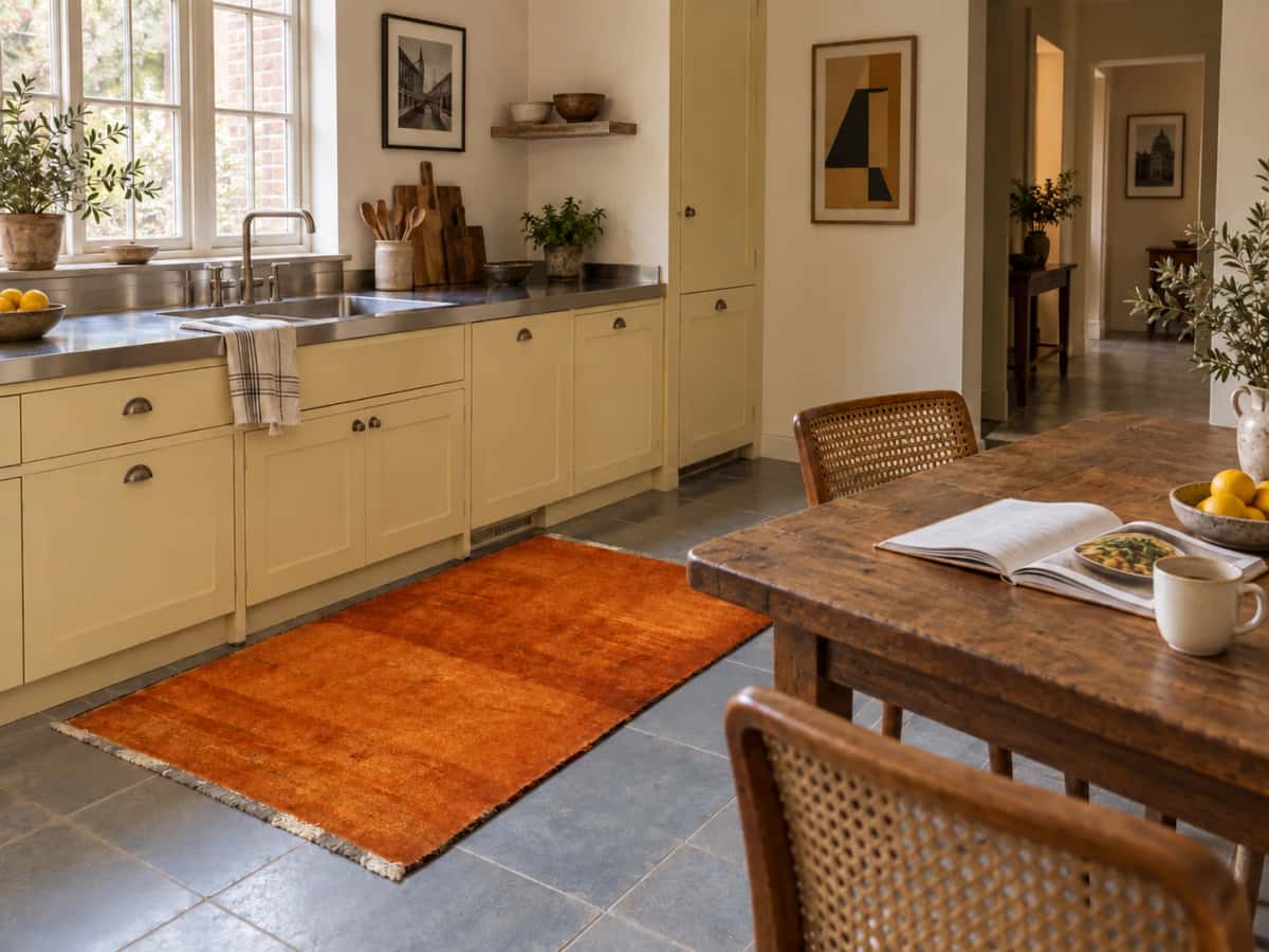 Persian Gabbeh rug, modern, 106x150 cm, mainly orange — In a room