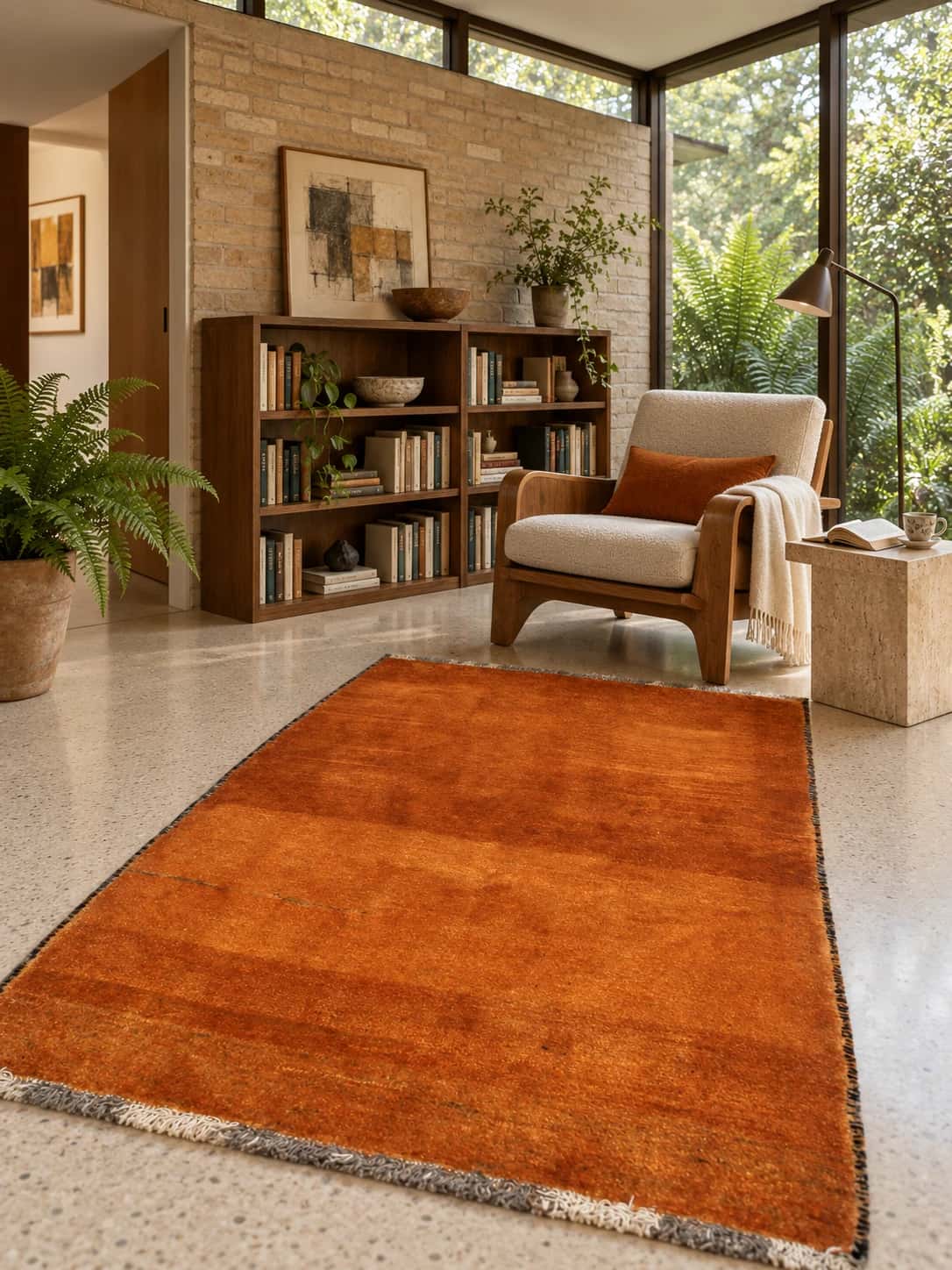 Persian Gabbeh rug, modern, 106x150 cm, mainly orange — In a room