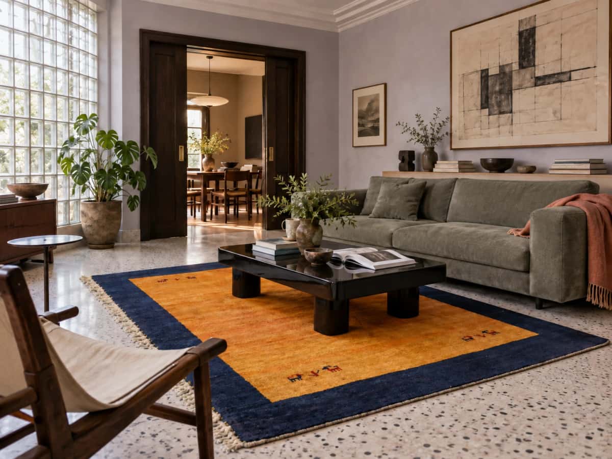 Persian Gabbeh rug, oriental, 160x202 cm, mainly orange — In a room