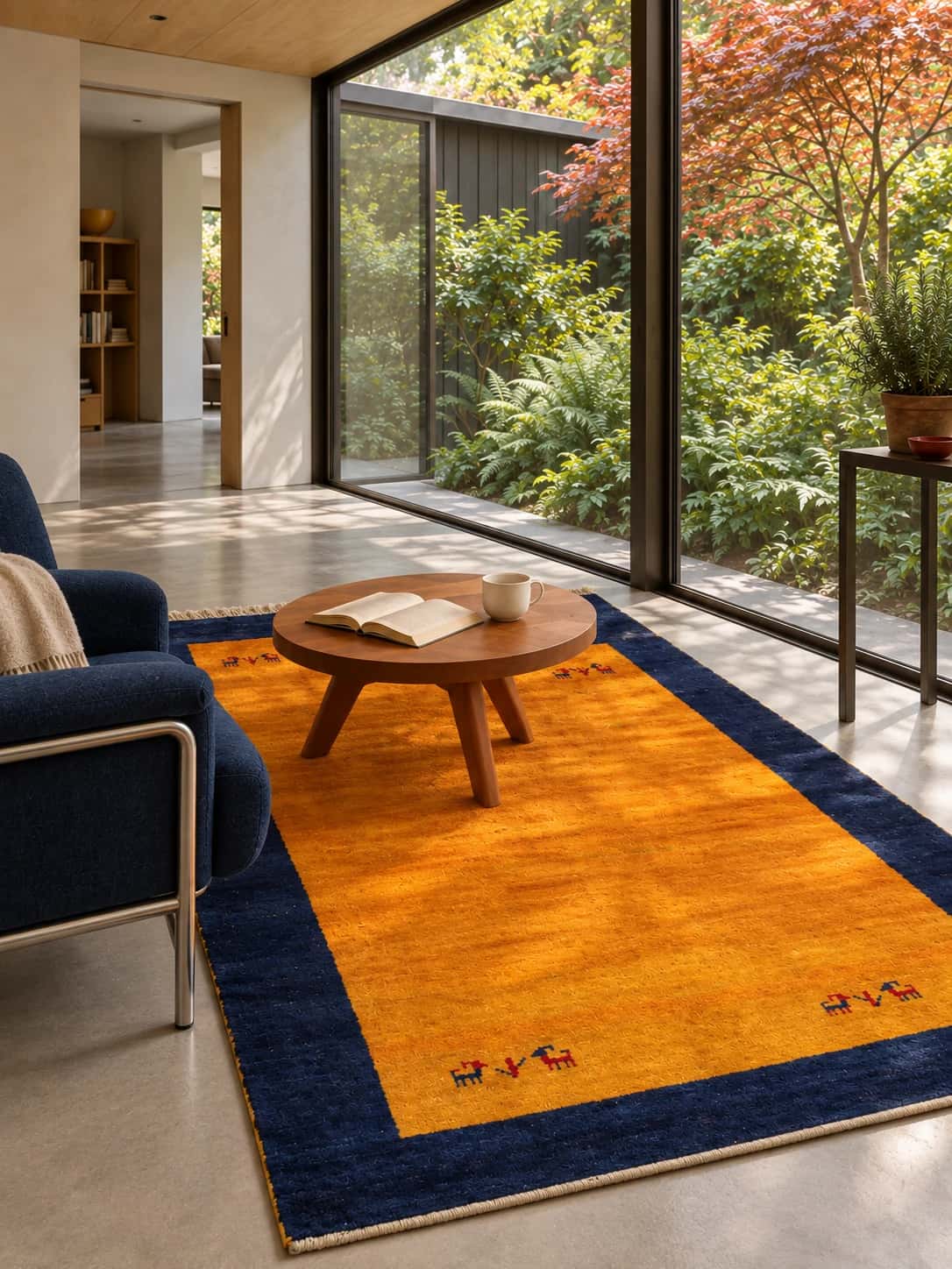 Persian Gabbeh rug, oriental, 160x202 cm, mainly orange — In a room