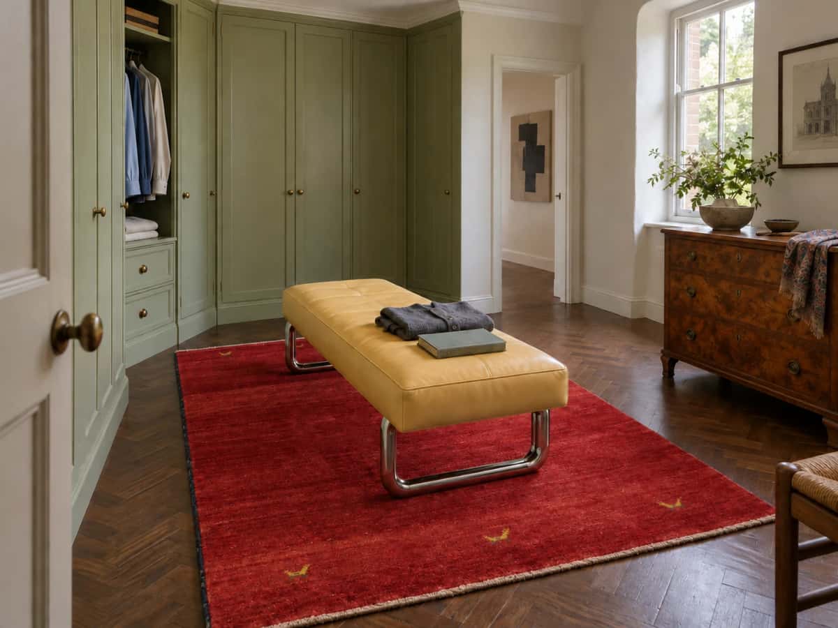 Persian Gabbeh rug, oriental, 150x210 cm, mainly red — In a room